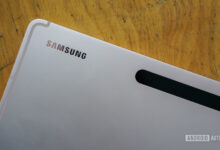Samsung Galaxy Tab S8 Plus logo closeup on desk
